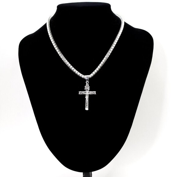 925 Sterling Silver Box Chain w Crucifix Pendant, 16", 3.8mm | Christian Cross - Picture 7 of 9